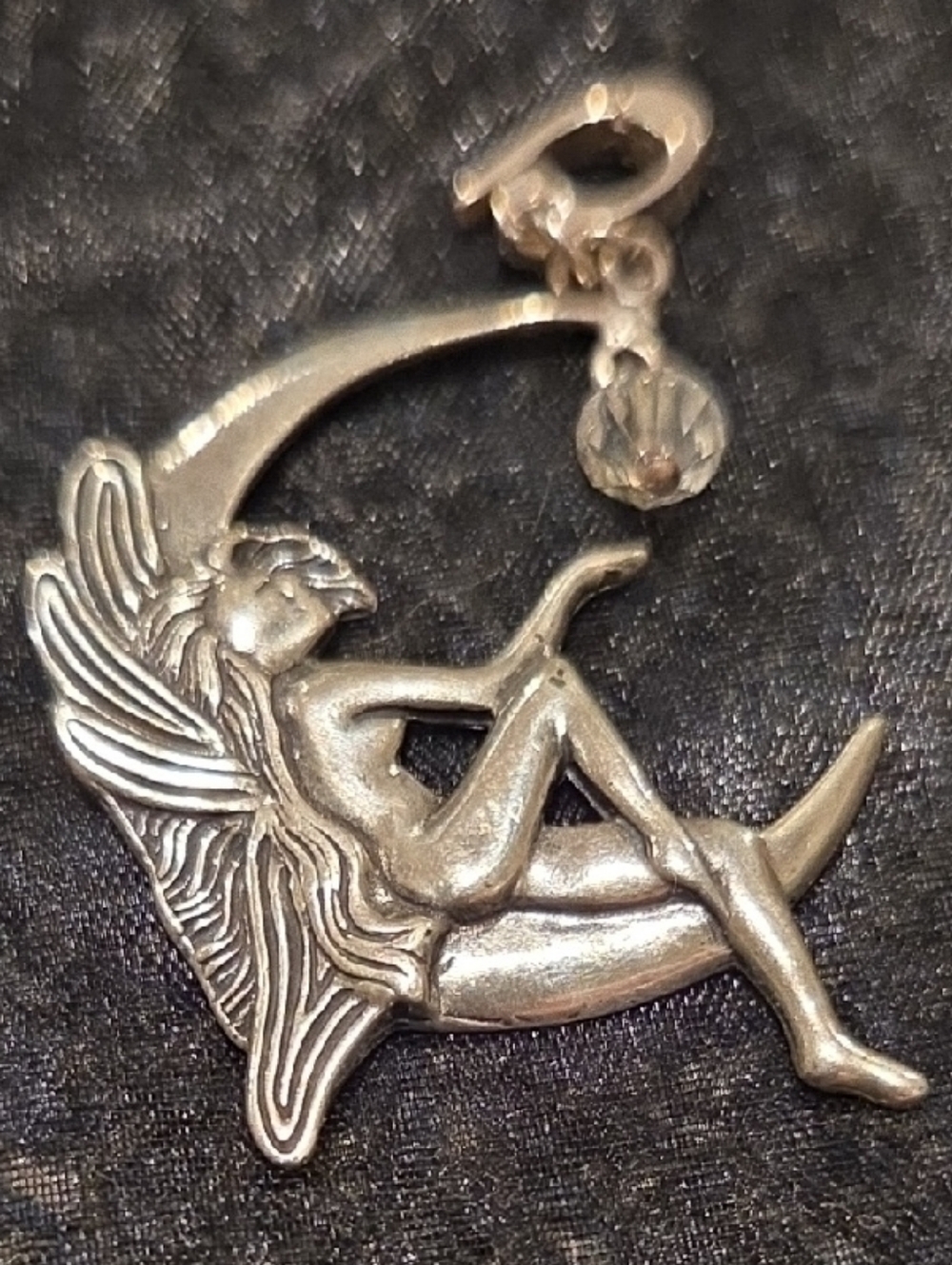 Sterling Silver Fairy on Crescent Moon Pendant - Silver